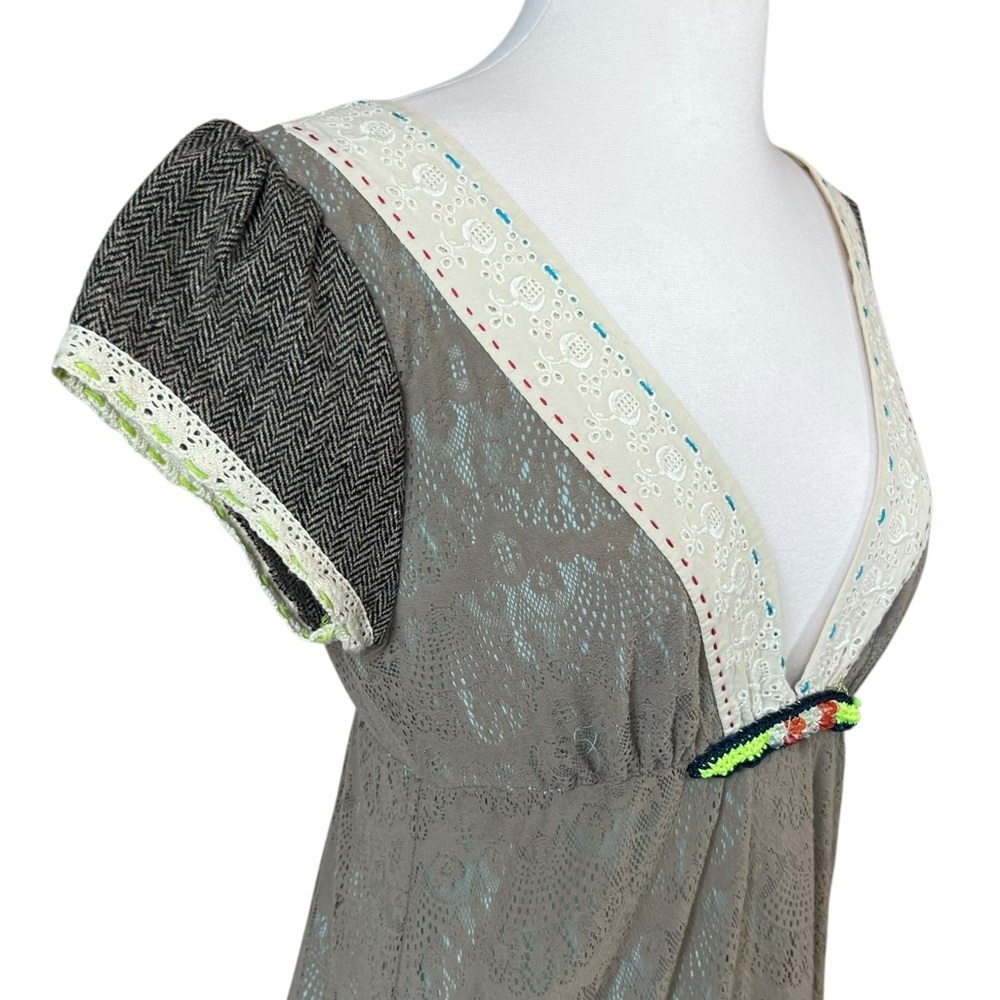 Free People Vintage Brown Lace Deep V Neckline Mini Dress - Picture 5 of 13